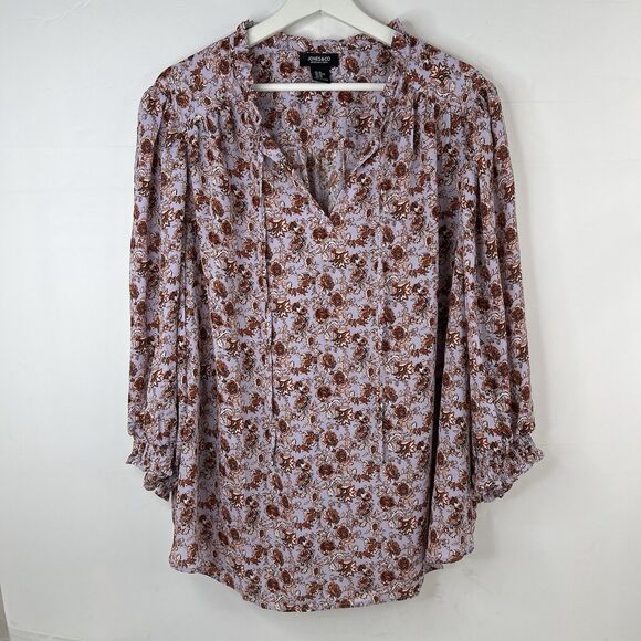Jones & Co. Plus Sz 2X Blouse Top Lavender Floral Peasant Tie V-neck 3/4 Sleeve - Picture 2 of 10